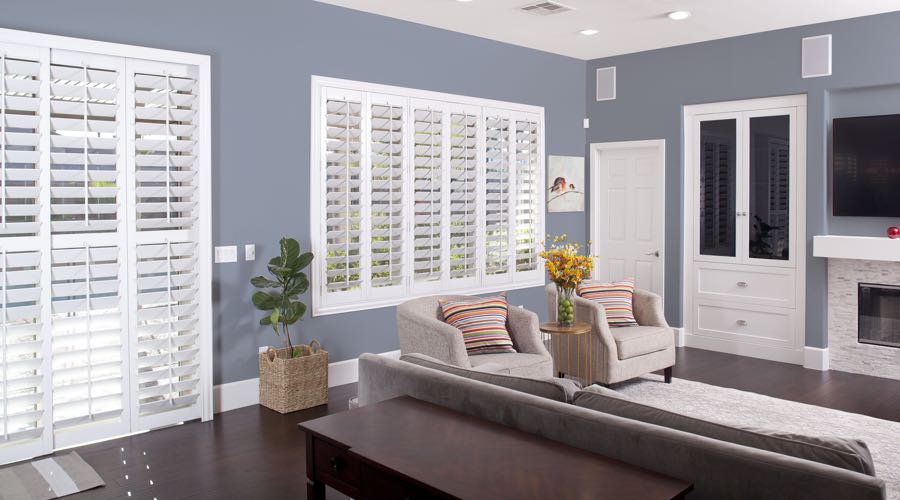 Faux Wood Shutters In blue Miami Living Room